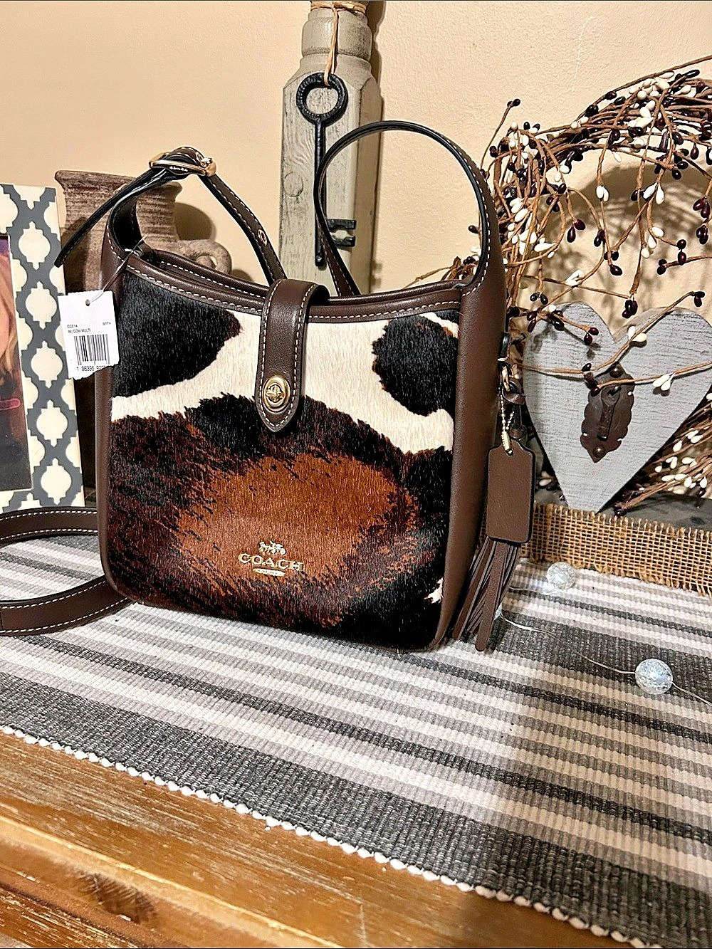 Coach Asher Shoulder Bag In Haircalf With Cow Print Brown & Black